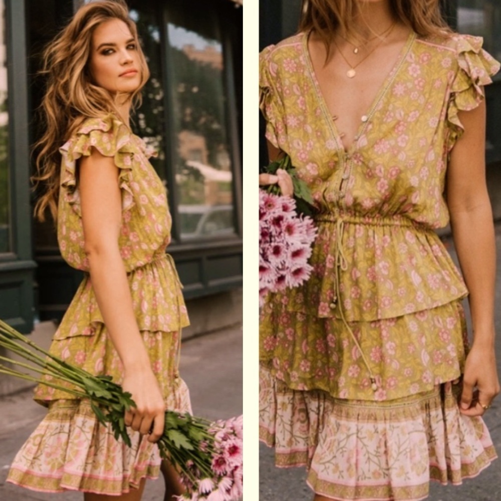 Spell & The Gypsy Dahlia Ra Ra Ruffle Tiered Mini Dress Green/Pink/Cream SZ SM